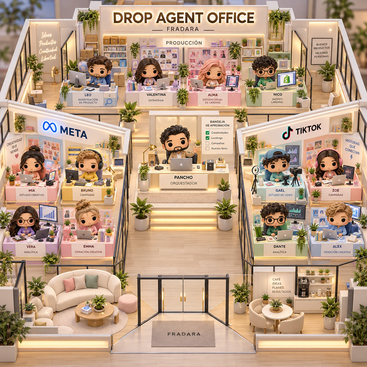 Oficina DROP AGENT OFFICE con el acabado exacto aprobado, 13 personajes, áreas Meta y TikTok y Pancho al centro